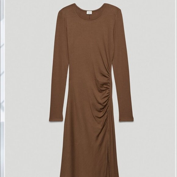 Aritzia Wilfred Amelia Long Sleeve Ribbed Jersey Dress Brown Size Large - Picture 2 of 6